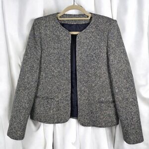 ORVIS Tweed Blazer Jacket Women Size 6 Collarless 100% Wool Gray Blue Speckles